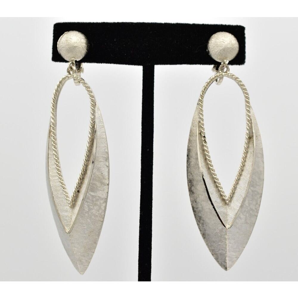 Vintage Dangle Clip On Earrings Brushed Silver Texture Chunky NOS 1970s BinA18